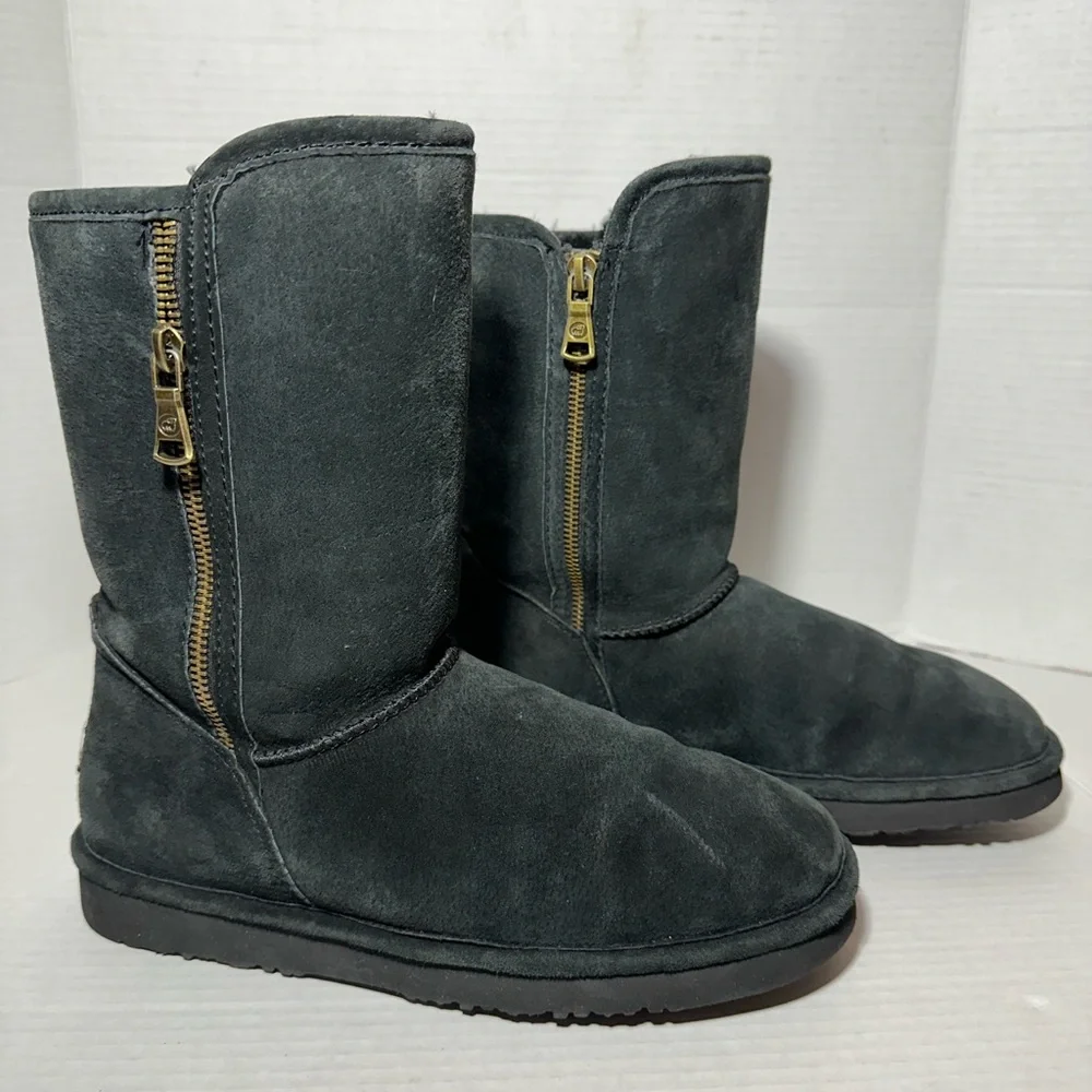 LAMO Black Suede Boots Mid-Calf Sz-8 Faux Fur Lined Cozy Winter Boots